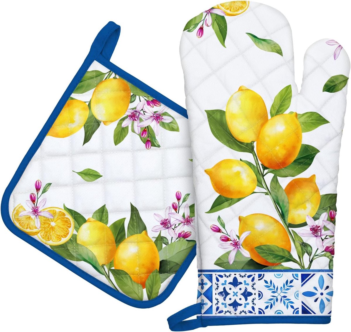 Set van 2 ovenhandschoenen en pannenlappen, 100% katoen, verdikte magnetronhandschoenen, zachte hittebestendige pannenlappen voor roosteren, bakken (citroen)