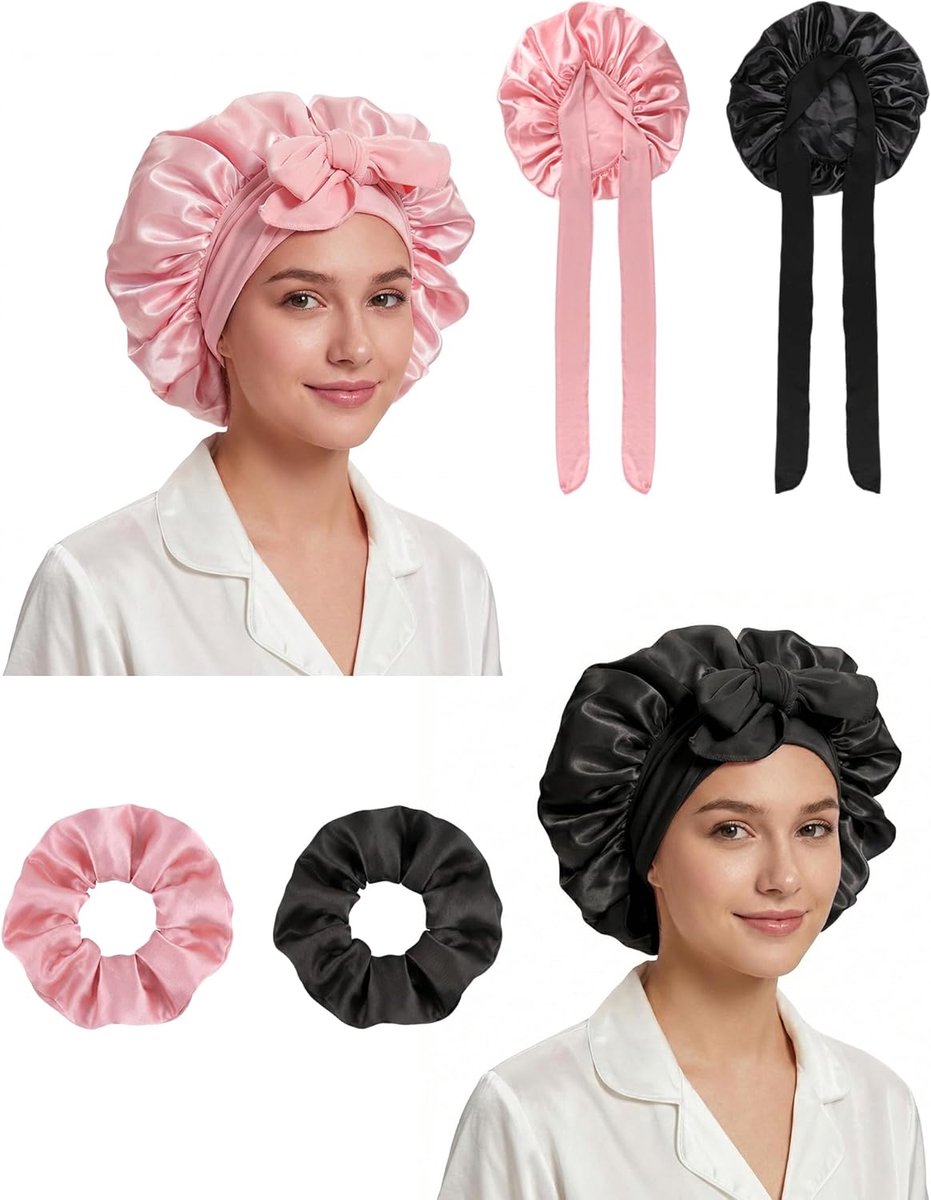 Slaapmuts 2 Stuks met 2 Scrunchies - Verstelbare Zijden Bonnet voor Slapen - Zachte Nachtmuts voor Krullend Haar & Anti-Pluis Haarverzorging
