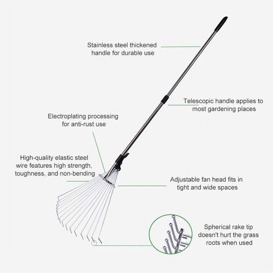 Verstelbare Tuinhark - Uitschuifbare Hark - Tuinonderhoud Vereenvoudigen - Telescopische Ventilator - 53-69cm - Zilver Zwart — afbeelding 3