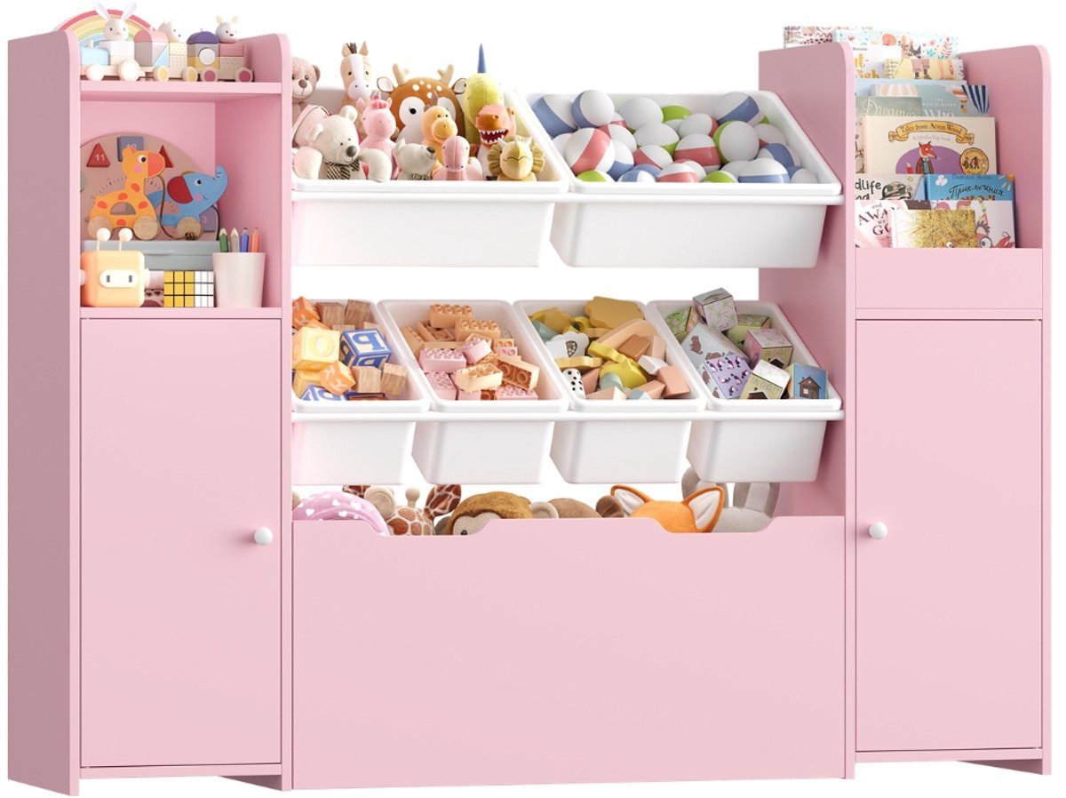 Getone Kids Toy Storage – Voor Kinderkamer en Speelruimte – 3-laags Opbergkast met 6 Verwijderbare Boxen, Deuren en Lade – MDF, Met Wielen