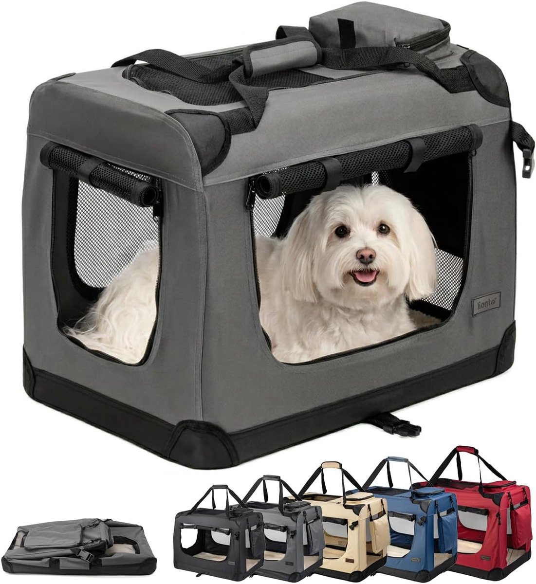 SnelShoppen - Hondentransportbox opvouwbaar voor reizen en auto, 60 x 42 x 44 cm, grijs | Stabiele hondenbox van stof met netramen, draaggrepen, zacht