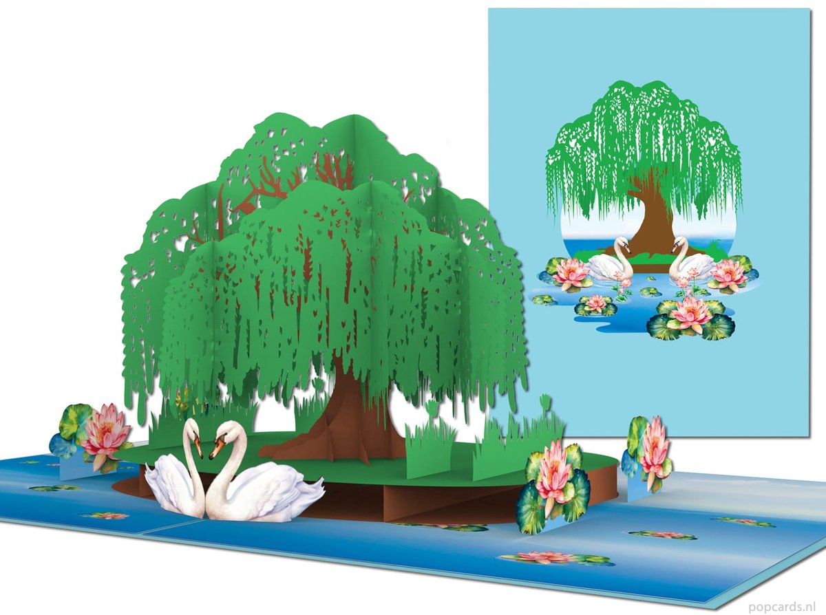 Popcards Pop-up Kaart - Betoverende 3D-Kaart: Verliefde Zwanen onder een Sierlijke Wilg (Wenskaart, liefde, Valentijnsdag, hart)