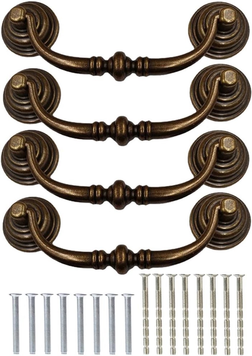 Vintage Ladesleutels Set van 4 - Antieke Ring Handgrepen met Schroeven voor Kastdeuren, Keuken en Badkamer Meubels