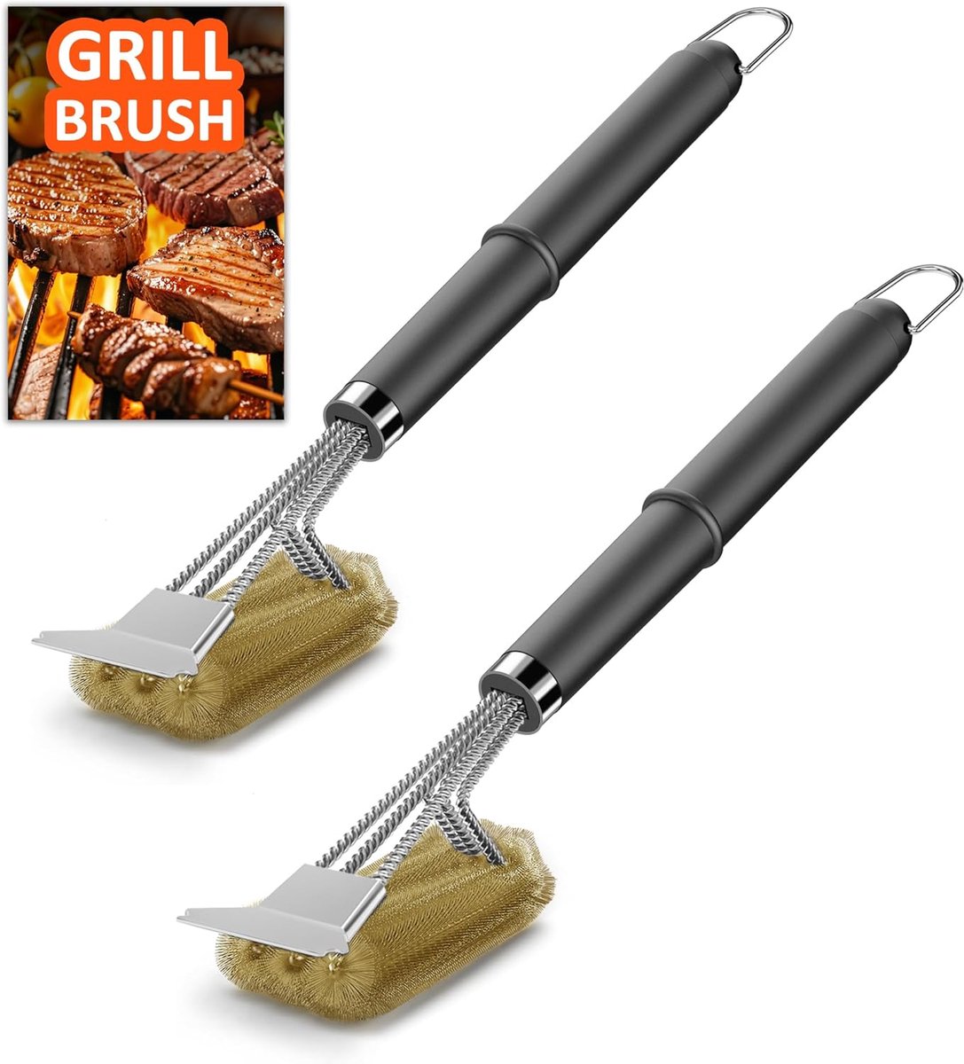 SnelShoppen - Grillborstel en Spatel Set, Messing, Lange Borstelharen, Roestvrijstaal, Warmte-isolerende Handgreep, Voor Gasgrill, Houtskoolgrill, Kog