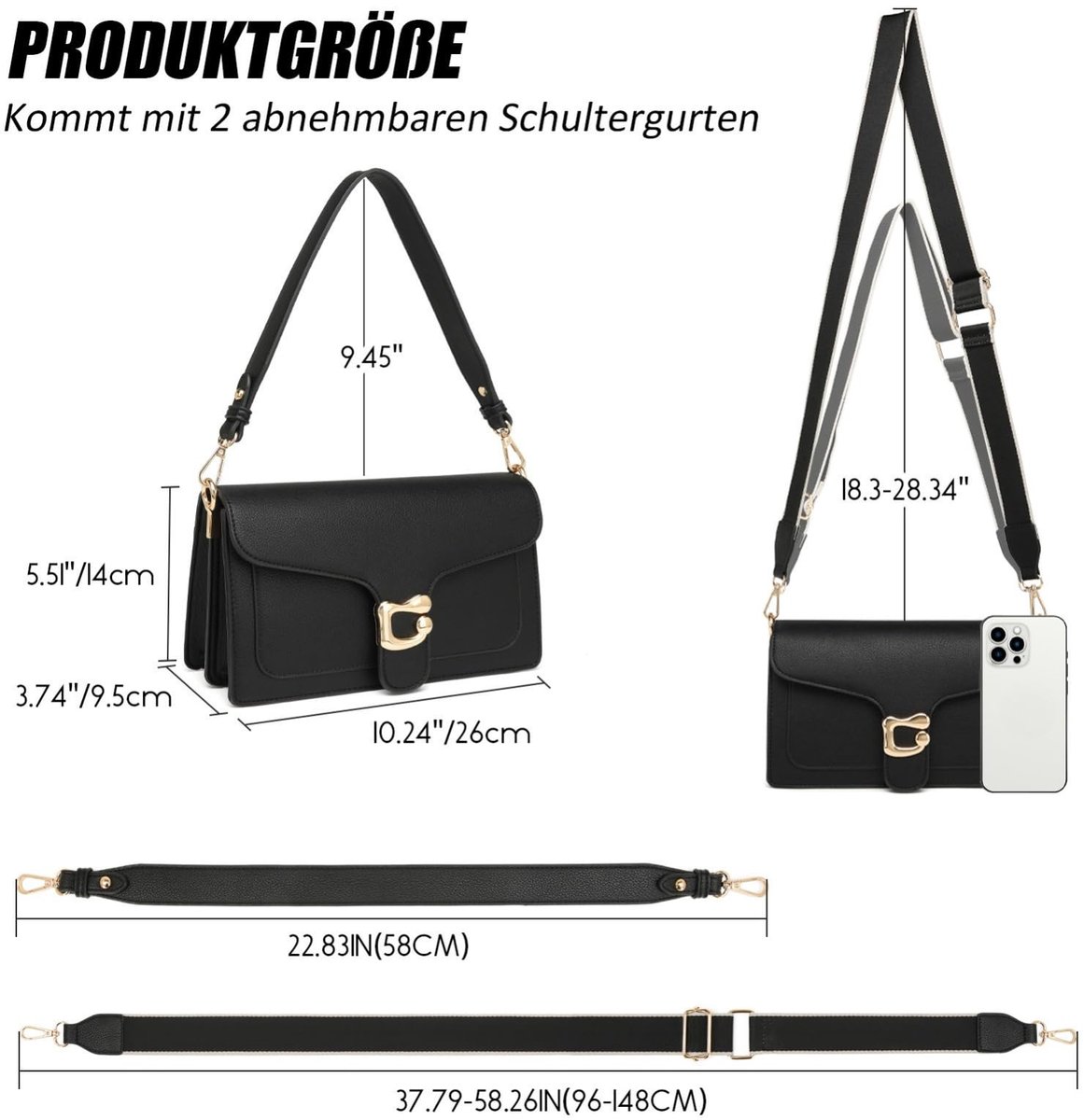 SnelShoppen - Travistar Handtas voor dames, kleine schoudertas PU-leer, crossbody tas, avondtas, clutch met 2 afneembare brede riemen, creditcardvakje
