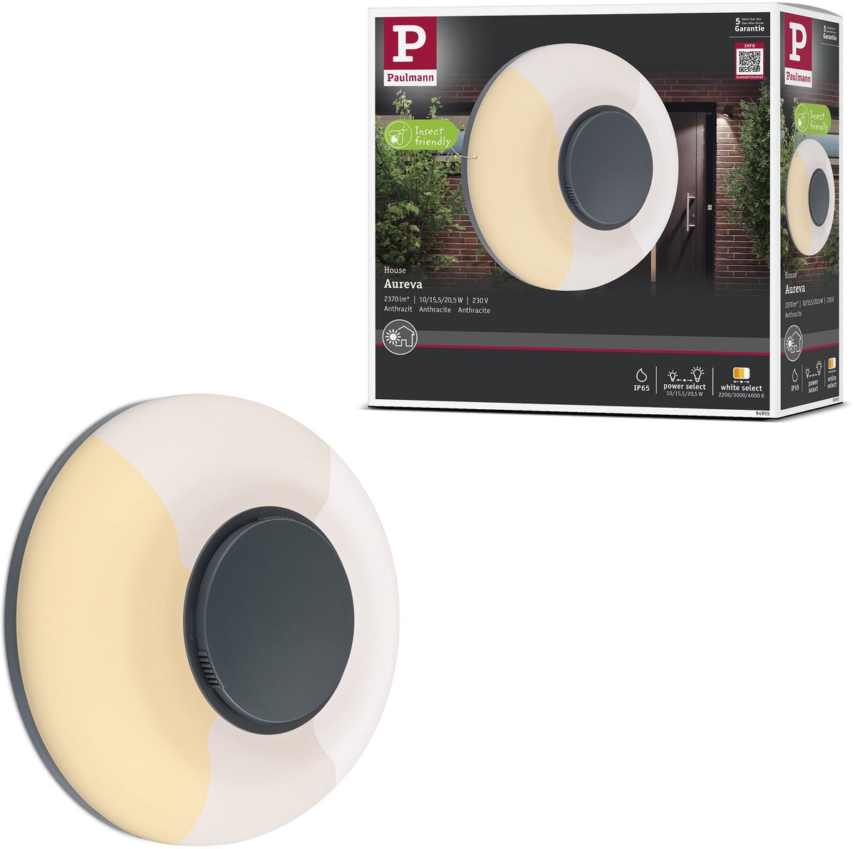 LED-wandarmatuur voor buiten Aureva IP65 rond 220 mm 2200 - 4000K 20,5W 1730lm 230V Antraciet, Wit Polycarbonaat
