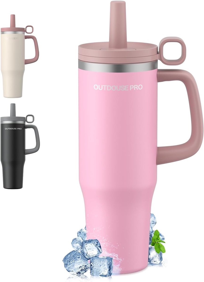 SnelShoppen - Drinkbeker met Rietje 1,2L Roze - Roestvrijstalen Vacuüm-Geleide Thermobeker voor Koude en Warme Dranken, Lekvrij, Vaatwasmachinebestend