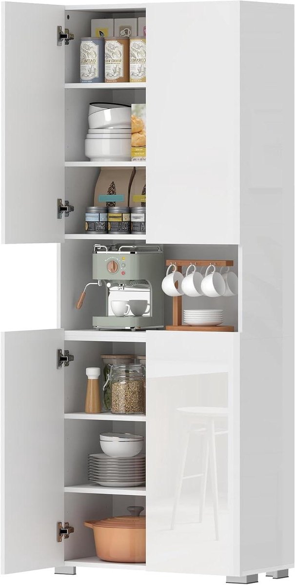 Keukenkast Hoge Kast - Voorraadkast Buffetkast - Keuken Organiseren - Soft-close Deuren - 68x34x180 cm - Hoogglans Wit