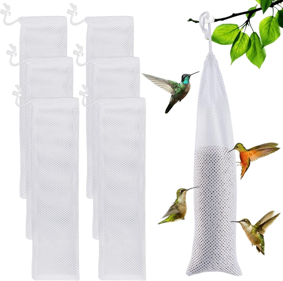6 stuks vogelvoederzakken, vink sokken voederzak vogel, voederdispenser vogels met trechter, voederhuisje voor wilde vogels, voor tuinen, binnenplaatsen, voederen van wilde vinken (wit 40 x 10 cm)