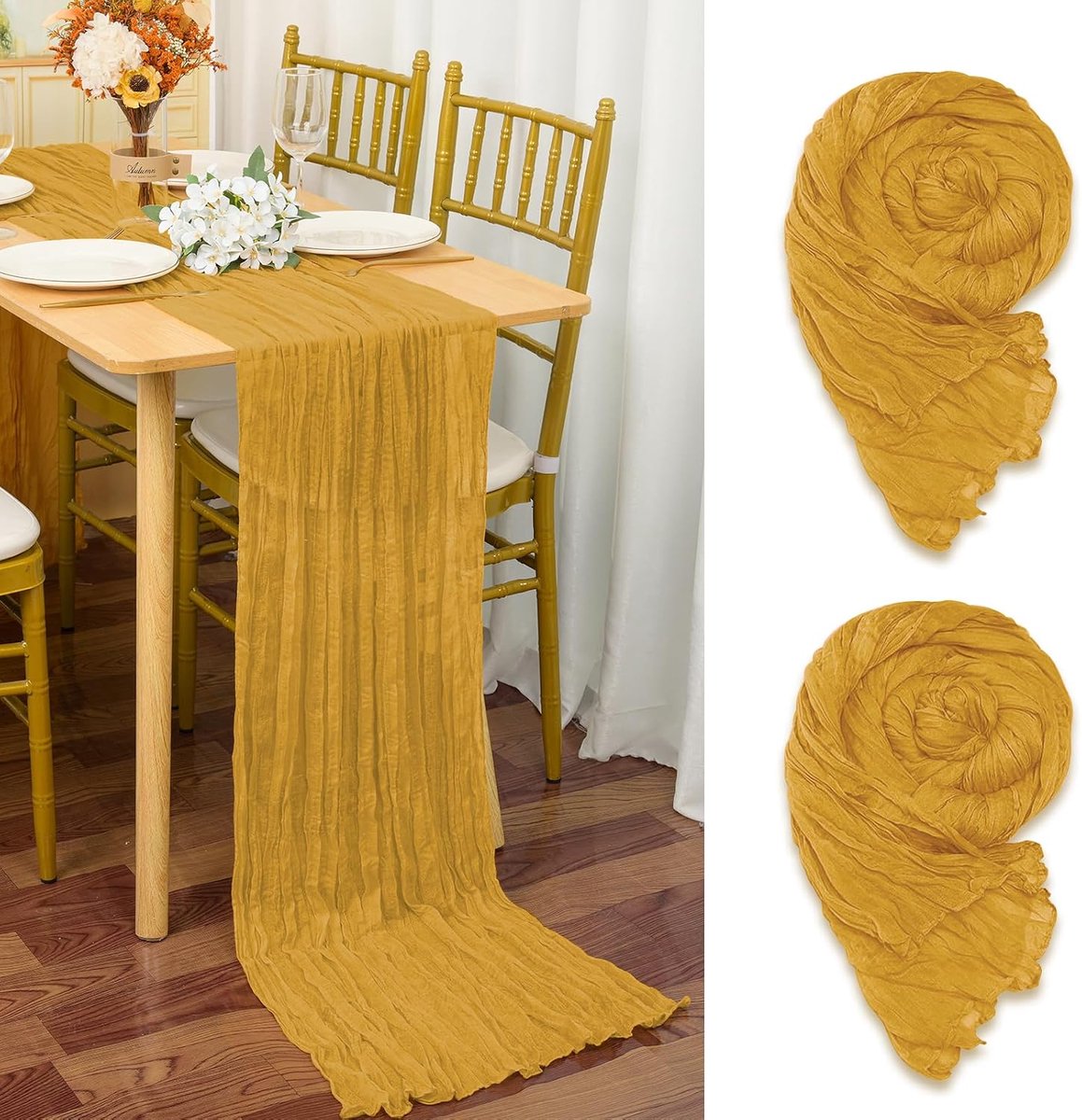 2 stuks mosterdgeel, 90 x 300 cm Boho kaasdoek tafelloper voor bruiloft, bruidsfeest, tafeldecoratie