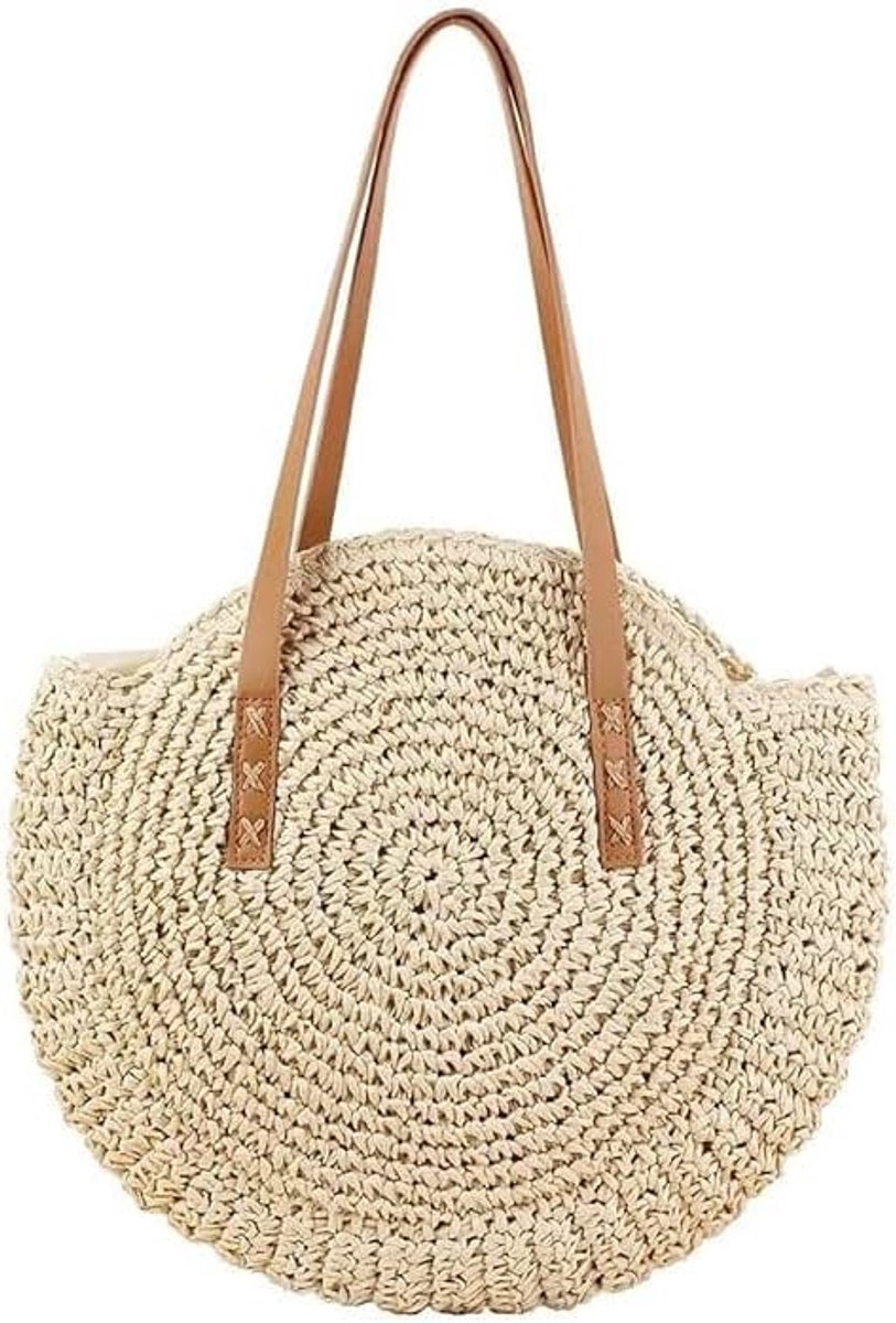 SnelShoppen - Dames Crossbody Tas Retro Ronde Strandtas Shopper Mandtas Grote Schoudertas Beige Medium voor Vrouwen Reizen Vakantie Vrije Tijd Geperso