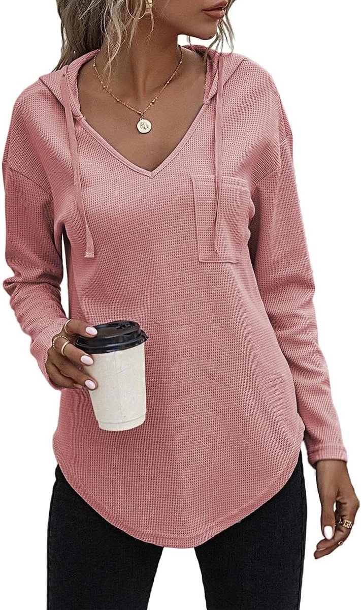 Pullover, dames, hoody, lange mouwen, V-hals, sweatshirt, effen, trekkoord, top