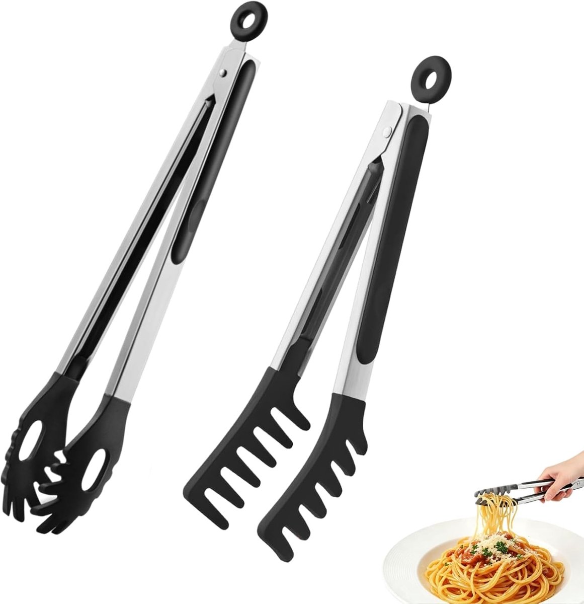 2-delig, siliconen, zwart, keukentang van roestvrij staal, grilltang van siliconen, tang van siliconen, voor salade, barbecue, keuken
