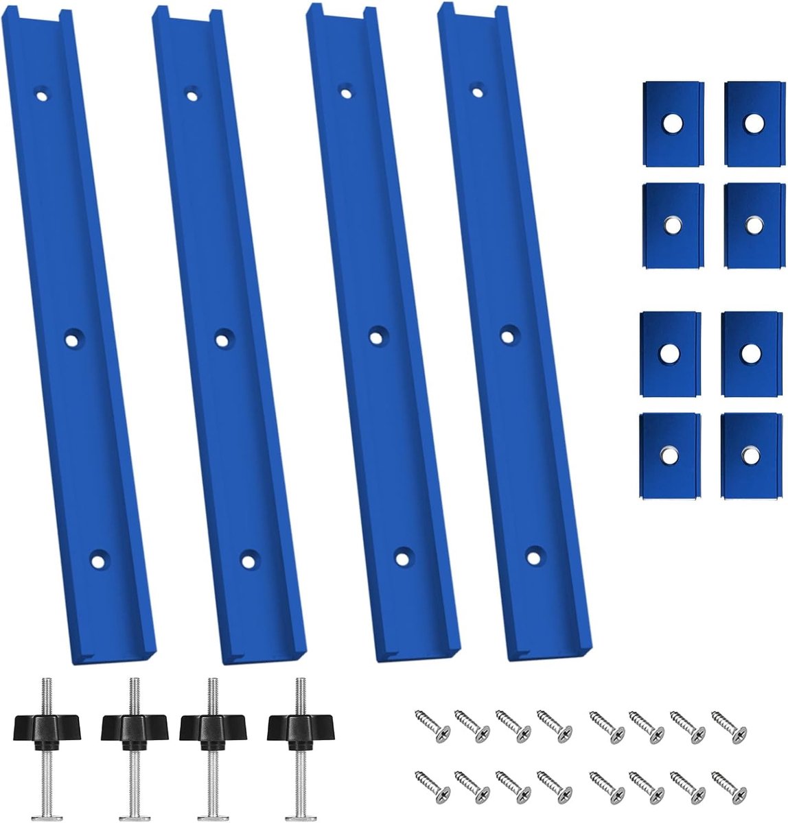 4 T-gleufrails M8 M6, 400 mm geleiderail, montagerail, schuifrail, aluminium rail, schuifrails, T-rail, verstekrail, uitgerust met 4 M8 handgrepen, 4 M6 glijblokken en 4 M8 glijblokken.