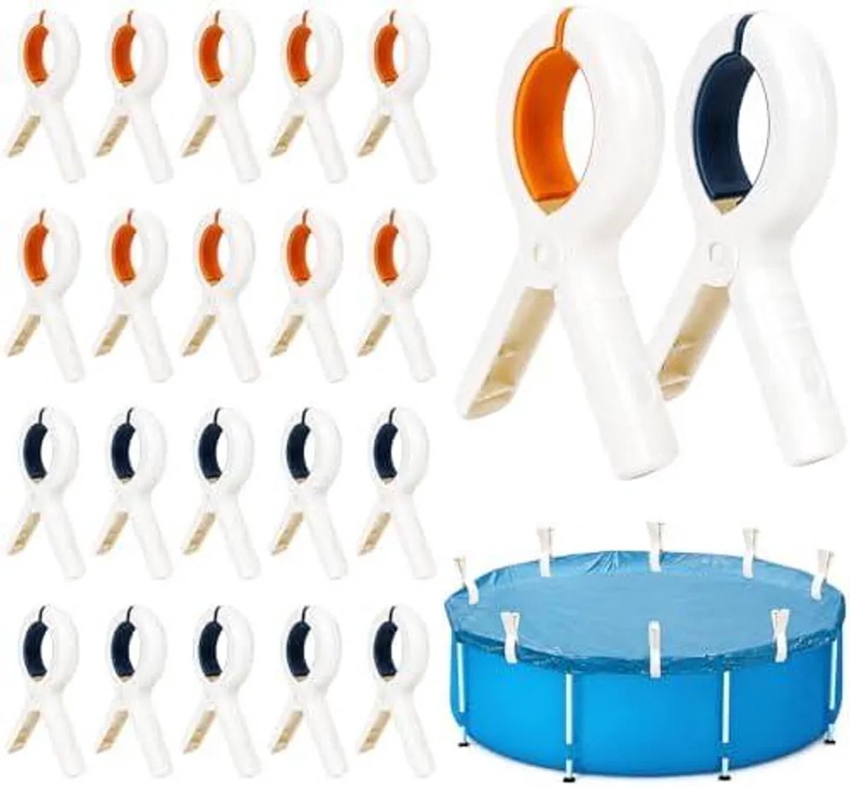 20 grote zwembadclips - clips voor zwembadafdekking, veerclipset, clips voor zwembadaccessoires die je met één hand kunt bedienen, kledingclips - bruin + blauw