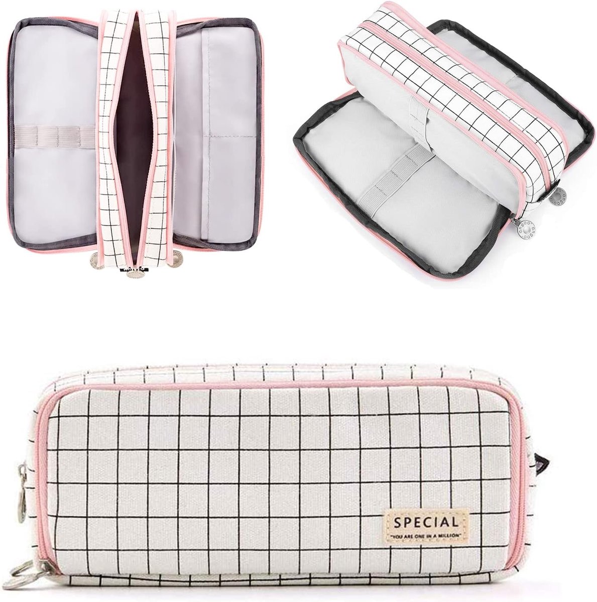 SnelShoppen - Etui voor meisjes en jongens, grote pennenetui met 3 vakken, ideaal voor school, kantoor, make-up, kinderen, tieners en volwassenen, mul