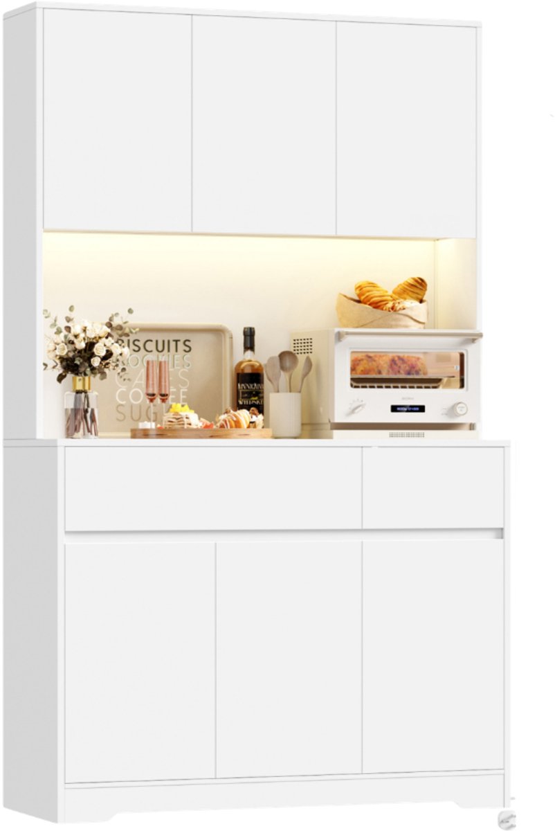 Getone Tall Cabinet – Voor Keuken – LED & Stopcontact, 6 Deuren en 2 Laden met Verstelbare Planken – 180x100x38,5 cm