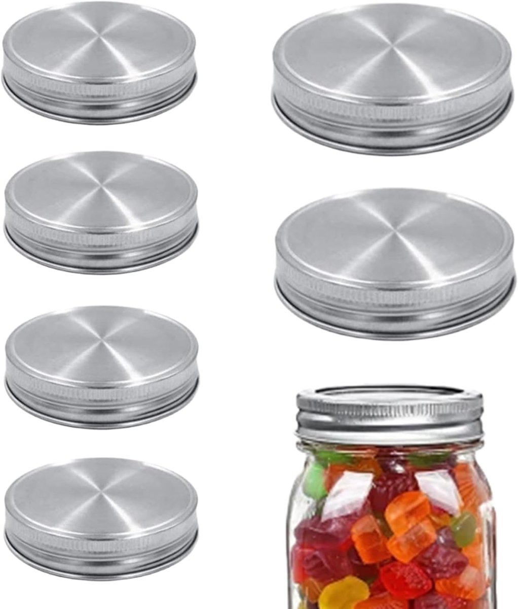 Deksels, 6 stuks, 70 mm, Regular Mouth lekvrij, twist-off-deksel, roestvrij met siliconen afdichting, herbruikbaar, voor inmaakpotten, specerijen, jam, koffieblikjes, zilver