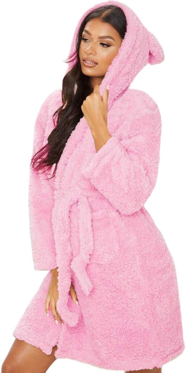 Badjas voor dames, kort met capuchon, wollige saunamantel, ochtendjas, nachtkleding, fleece, ochtendjas, oor, met capuchon