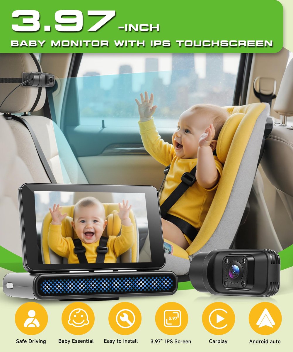 SnelShoppen - Babyautocamera voor Kinderen met 3,97 Inch Gedeeld Scherm, HD 720p, Carplay Android Auto, 360° Draaibaar Nachtzicht, Veiligheidsautostoe
