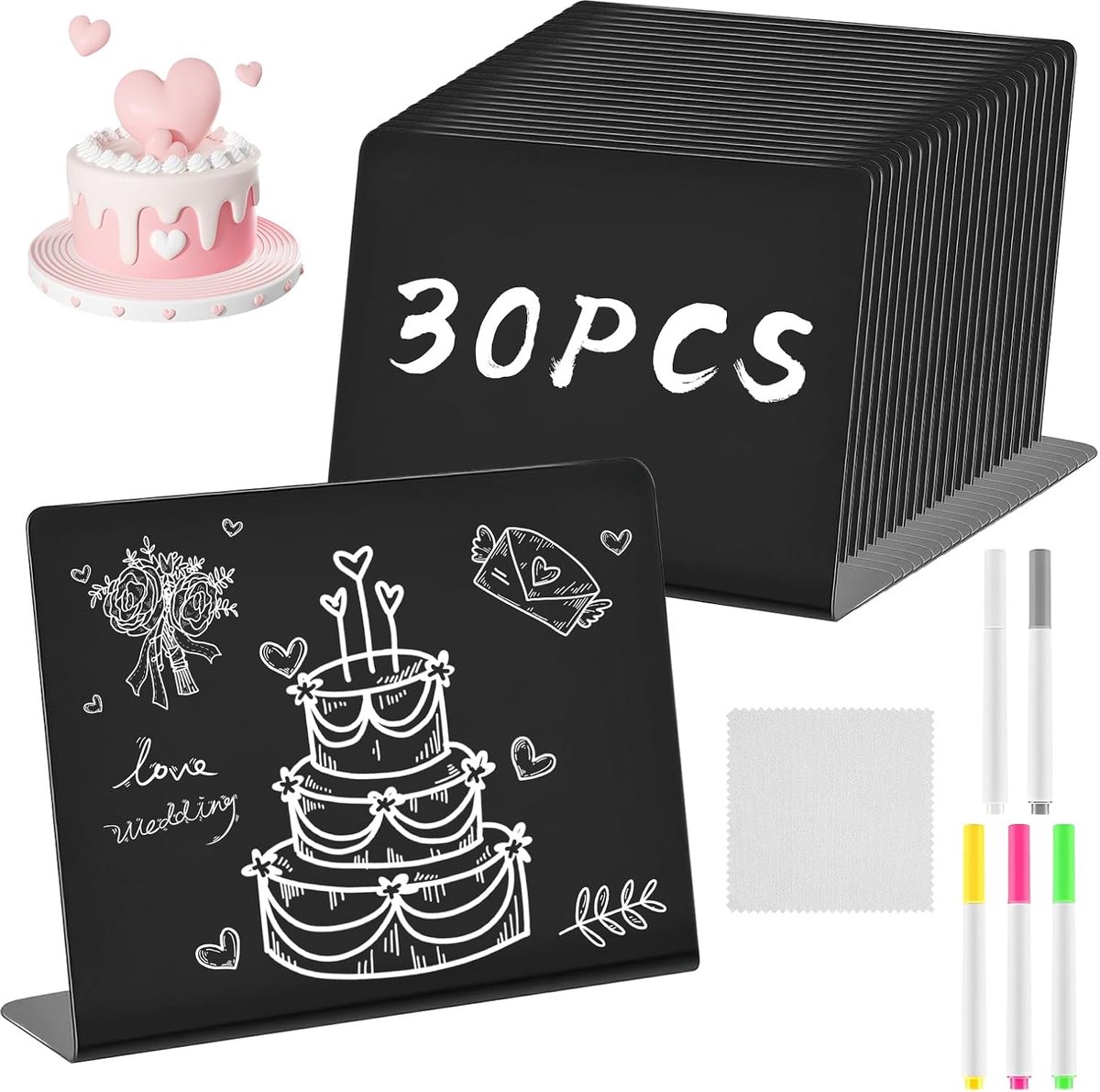 SnelShoppen - Set van 30 Mini Schoolbordjes, Kleine Buffet Bordjes met 5 Krijtbordjes voor Tafelkaarten, Prijskaartjes, Feest, Bruiloft, Cafe, Bakkeri