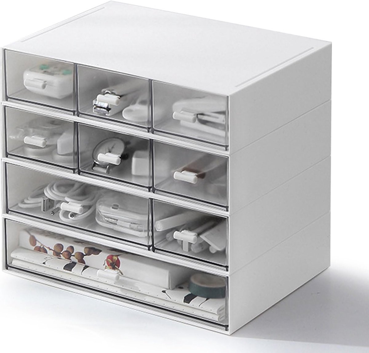 SnelShoppen - Stapelbare bureau-organizer met 9 laden, opbergdoos met 4 niveaus, kunststof, witte ladebox voor make-up, sieraden, kantoorbenodigdheden