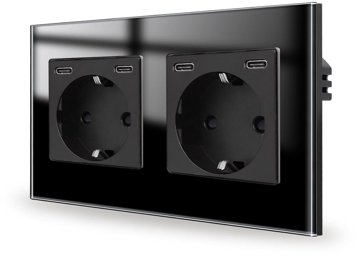stopcontact zwart met USB C 20W, 2-bay, snel opladen, verzonken, twee Type-C poorten, 16 ampère, 250 V