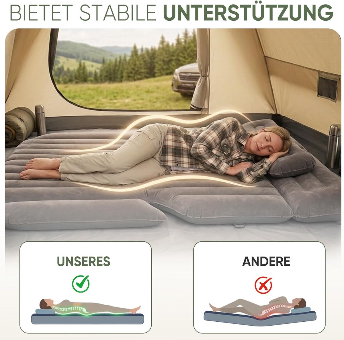 Automatras met 12 V-luchtpomp voor roadtrips, SUV luchtmatras voor 2-3 personen, altijd opblazen en direct ontspannen, campingluchtmatras voor SUV, combi, bestelwagen, minivan, MPV, camper en