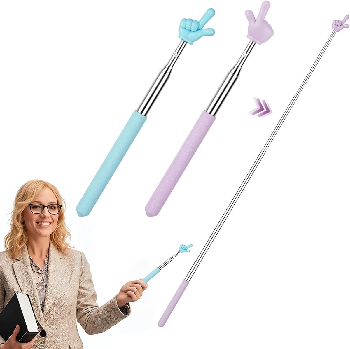 Leraar Pointer, 2 Stuks Uitschuifbare Handaanwijzer, Wijzer Stok voor Klaslokaal, Vingerwijzer voor Kleuterleidster Basisonderwijs, Mini Klaslokaal Aanwijzer, Blauw en Paars