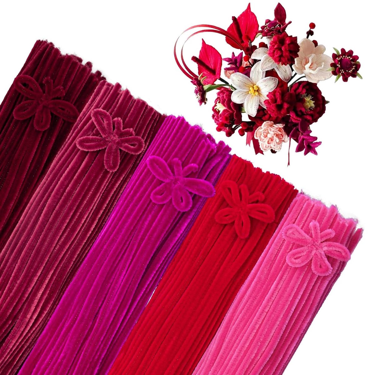 500 Stuks Rood Chenilledraad 30 cm Lang en 8 mm Dik, Kleurrijke Pijpenragers Set voor Knutselen, 5 Kleuren voor DIY Bloemen & Feestversieringen (Rood Verloop)