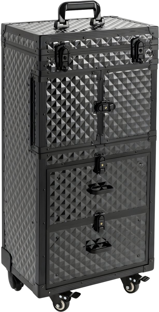 Make-up Trolley Deluxe - ABS Aluminium - Diamantpatroon - 360° Wielen - Uitschuifbare Handgreep