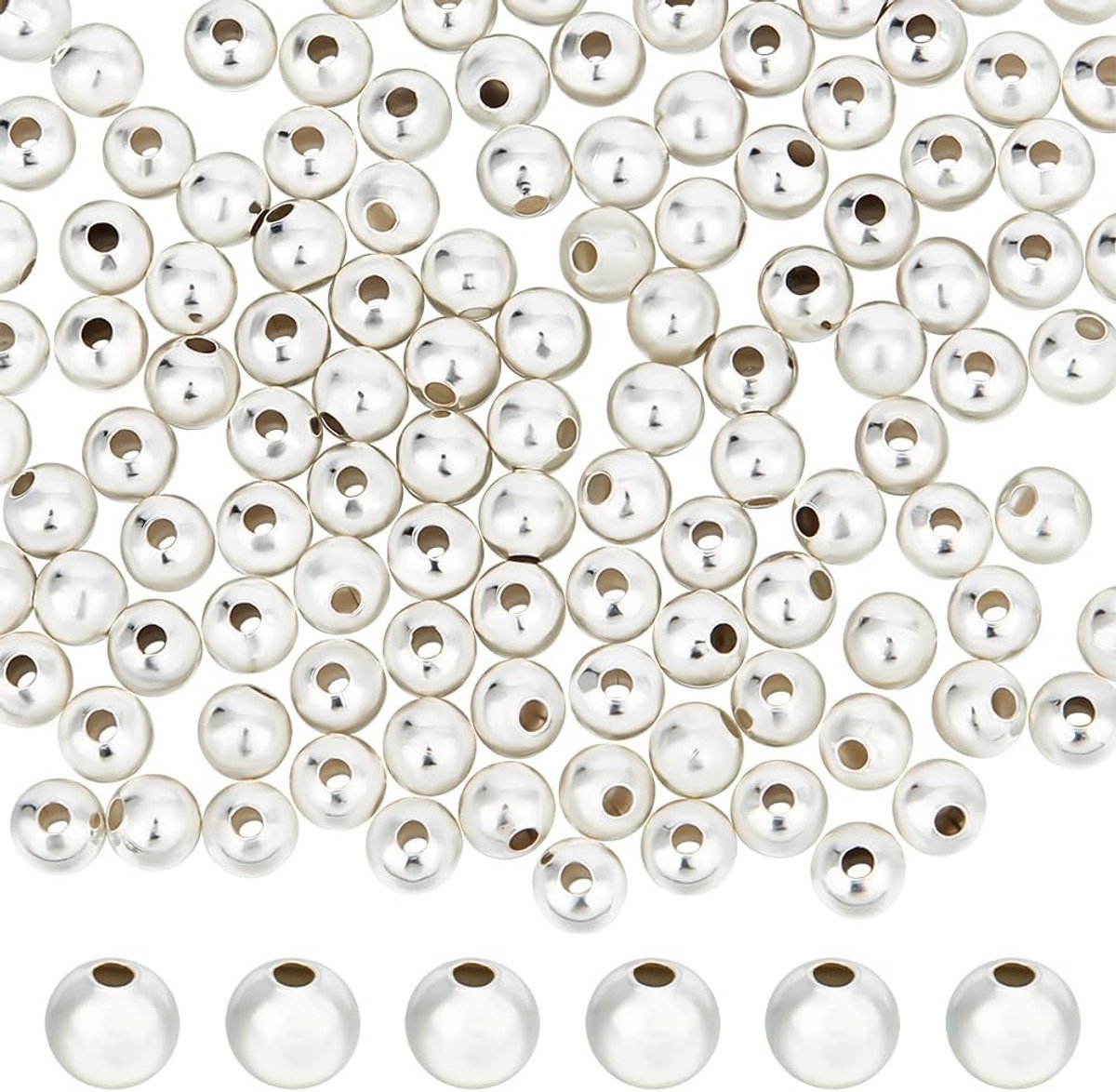 1 doos met 150 stuks 5 mm afstandskralen verzilverd sterling zilver gladde ronde kralen met groot gat voor het maken van sieraden armbanden halskettingen gat 925 mm