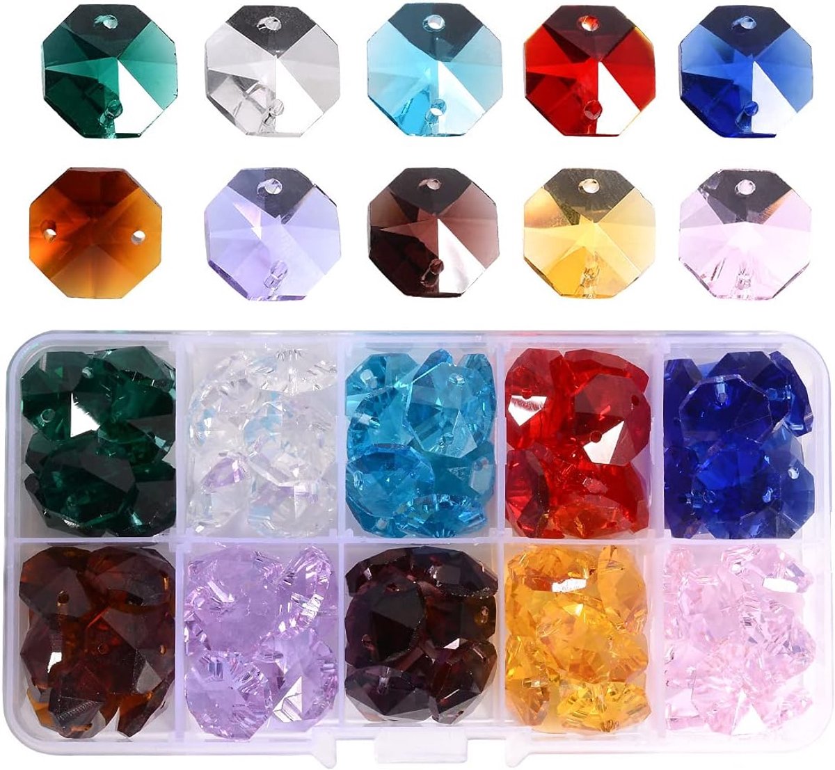 Kralen, 100 stuks, 14 mm, meerkleurig, kristallen kralenkettingen in PVC-doos, voor kandelaars, deurgordijn en bruiloftsdecoraties