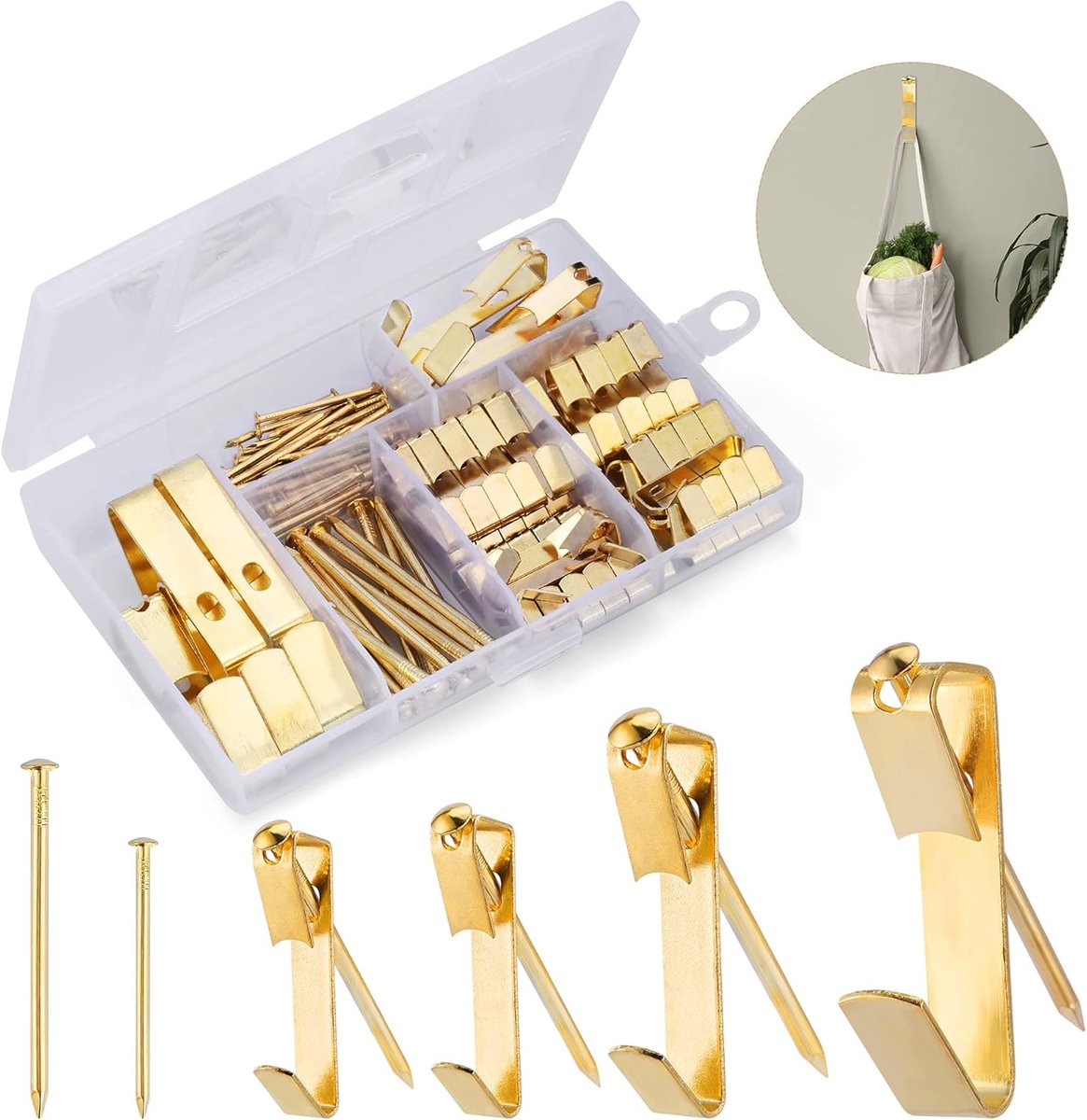 Gouden fotohaken, fotohangers, set (110 stuks), stalen haken en spijkers, ophanghaakjes, haken voor fotolijst voor thuis, kantoor, foto, schilderij, ophangen, fotobevestiging, foto's
