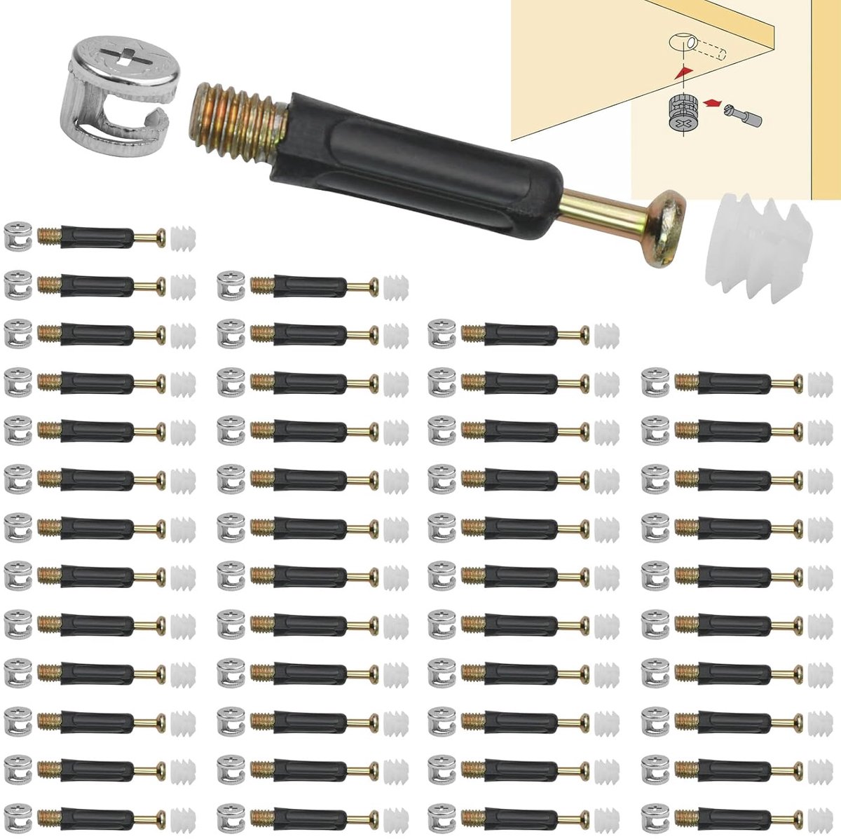 50 stuks excentrische verbindingen voor meubels, schroeven en pluggen, lichaamsverbindingen, schroeven met afdekrand M6 x 40 mm, M6 moeren voor meubels, kast, lade
