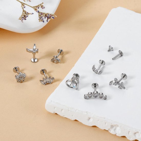 Piercings, 9 stuks, 16G helix piercings, tragus, kraakbeen, oorbellen voor dames, oorknopjes, set, tragus helix conch oorbellen, labret, zirkonia, oorbellen, vlinder, maan, goud, zilver, oor, — afbeelding 4