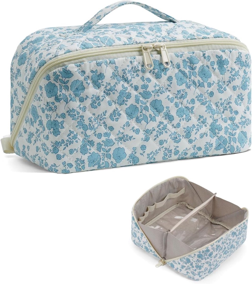 Nature Make-uptas voor dames, groot, waterdicht, reis-make-uptas met transparante scheidingswand, meerdere vakken en handvat, ideaal als cadeau, Blauwe bloem.