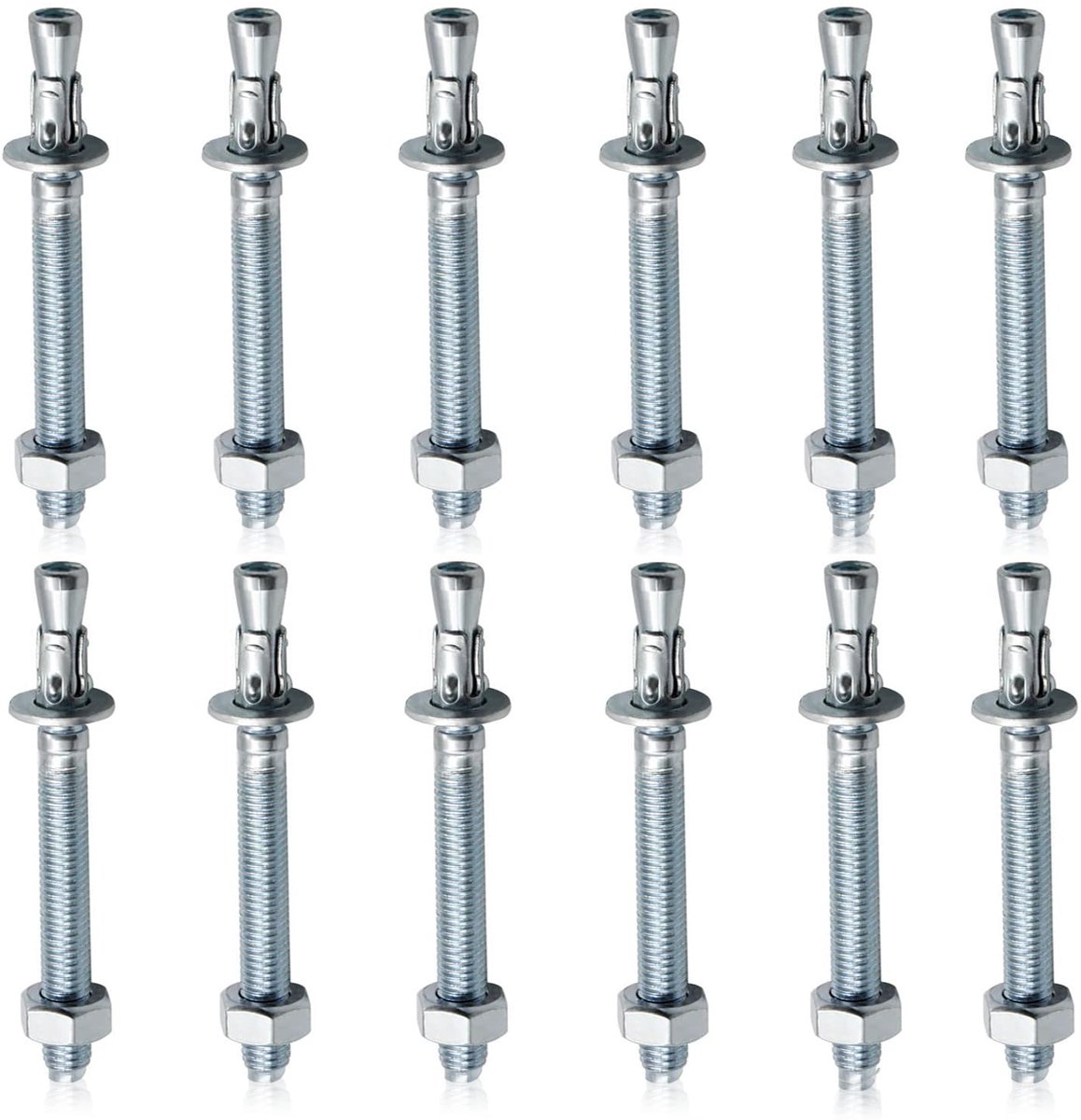 Set van 12 boutenankers, zware belasting, roestvrij staal, zware belasting, boutenanker, spieankers, ankerschroeven van verzinkt staal voor balustrades, ramen, gordijngevels, machines (M10x110 mm, 12