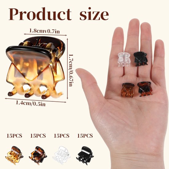60 stuks Mini Haarklemmen, Kleine Haarspelden, 1,5 cm Kleine Haarversiering Haarklemmen Kunststof Haarklauw Haarstyling-accessoires voor Dames Meisjes (Zwart+Donkerbernstein+Lichtbernstein+ — afbeelding 2