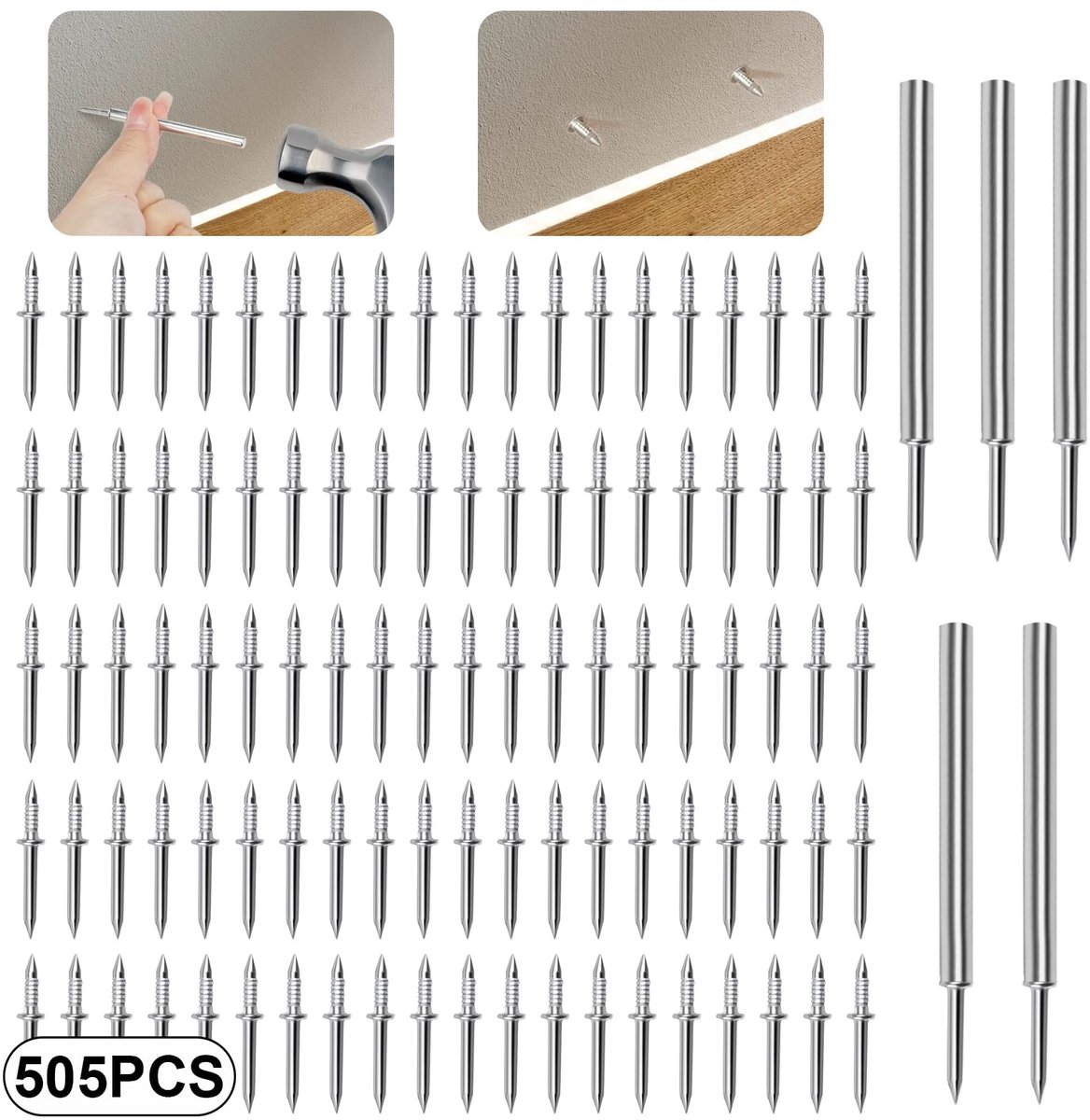 500 stuks naadloze nagels met dubbelkoppige sokkeldraad, dubbelkoppige sokkelbandnagels, dubbelkoppige wandnagels, nagel voor sokkelband zonder sporen met 5 specifieke hulsgereedschap voor nagels