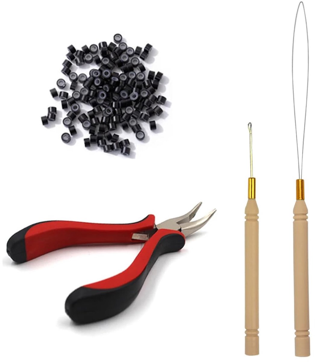 Microring-extensions van echt haar, microring haarverlenging, set met 1 microring-haartang, 1 x microring-naald, draadinrijger, 1 trekhaak en 100 stuks microringen voor haarverlenging