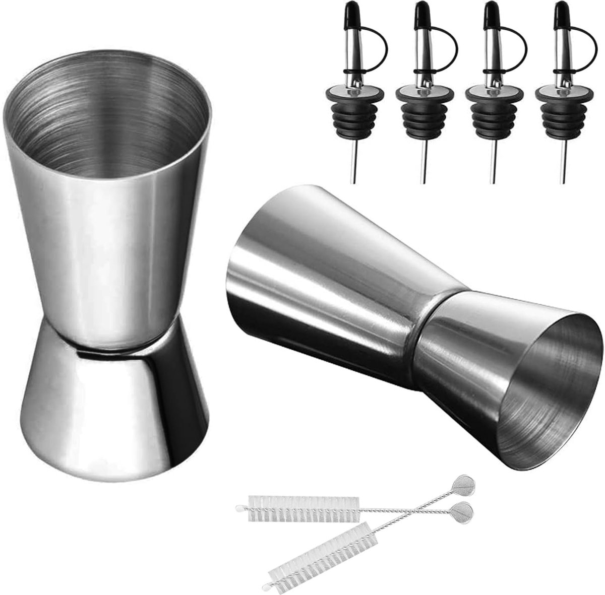 2 stuks, roestvrij staal, staafmaat, 2 cl, 4 cl, met 4 schenktuit en 2 borstels, cl, maatbeker, cocktail jigger, dubbele maat, voor bar, party, wijn, cocktail, drankshaker