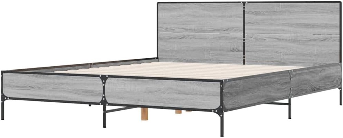 Bedframe Hout Metaal - Bedombouw Gestoffeerd - Slaapkamer Inrichten - Met Hoofdbord - 140x200 cm - Grijs Sonoma