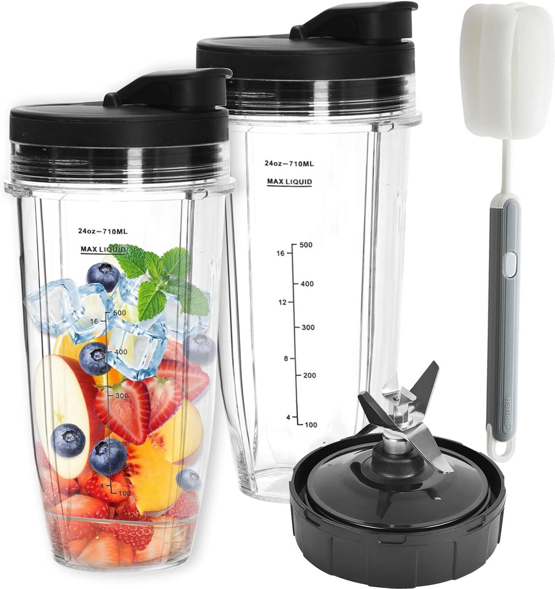 Blender vervangende onderdelen compatibel met Nutri Ninja - 2 x 24oz kopjes met 2 Flip Top to-Go deksels en borstel Compatibel met Nutri Ninja BL480/BL490/BL640/BL682/NN102/BL2012/CT641/BL488W