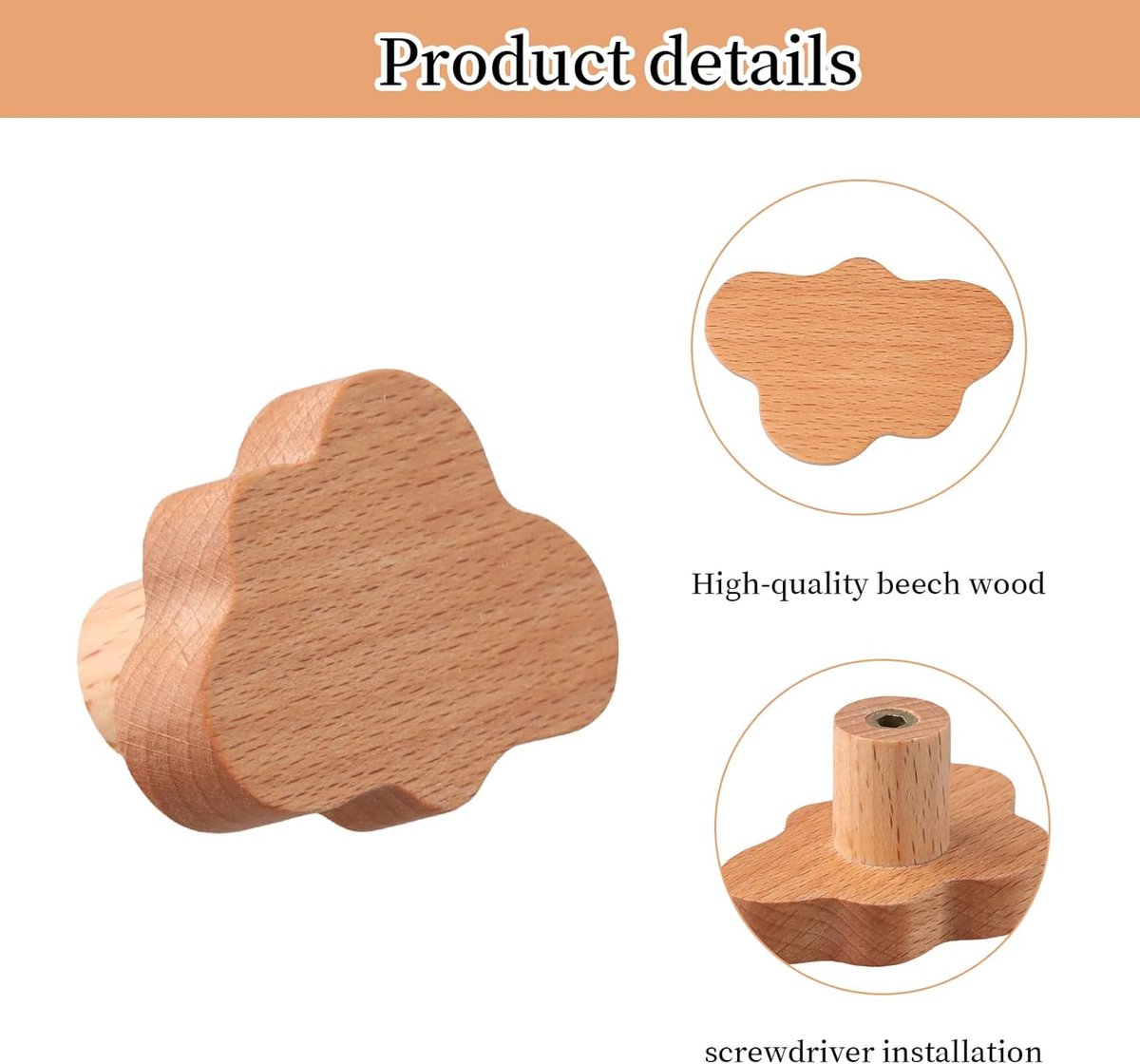 kastknoppen, 6 stuks wolkvormige ladeknoppen met schroeven, houten knoppen voor dressoirs, kledingkast en meer