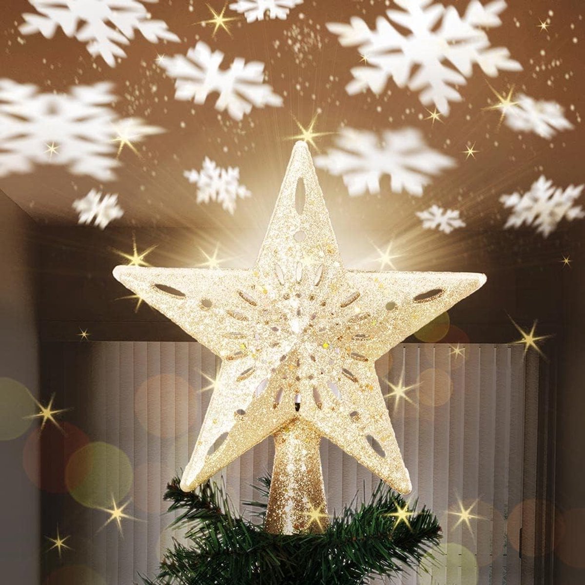 Oplichtende ster-punt met reflecterende sneeuwvlokken op het plafond, hoogte 26 cm, decoratie kerstboomtopper, kerstdecoratie met glitter (goud)