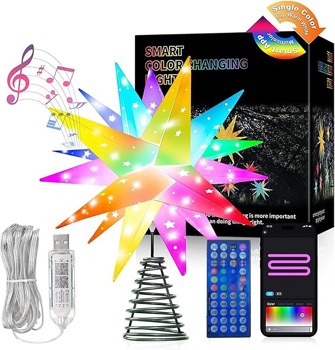 3D-kerstster, verlicht, 40 cm, intelligente verlichte kerstboomversiering in boompiek, bluetooth-app-bediening, muzieksynchronisatie, kerstverlichting voor buiten, met afstandsbediening