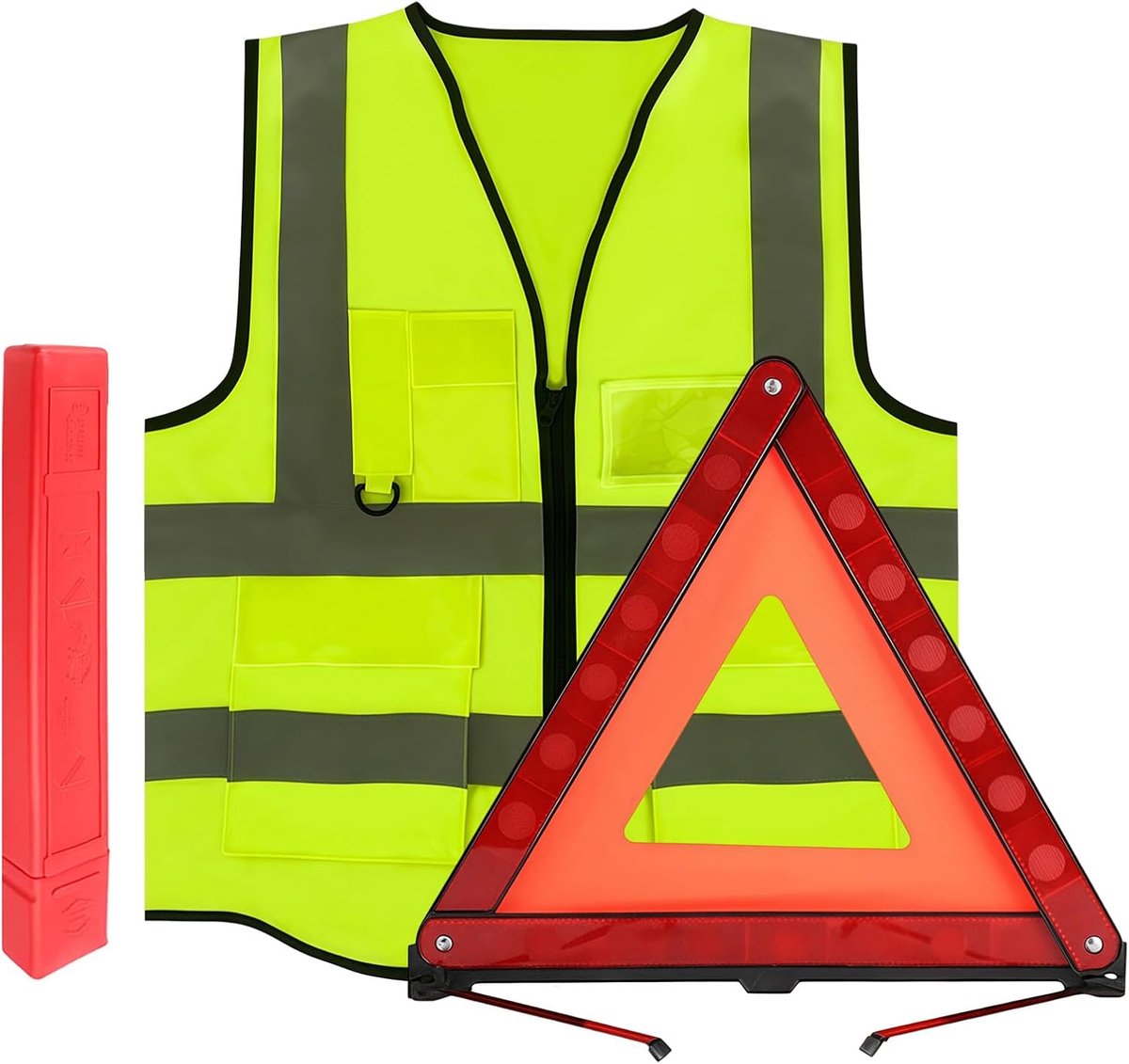 Waarschuwingsdriehoek 2-in-1 set met reflecterend vest voor auto-noodgevallen. Opvouwbare rode veiligheidsdriehoek voor langs de weg, inclusief opbergtas