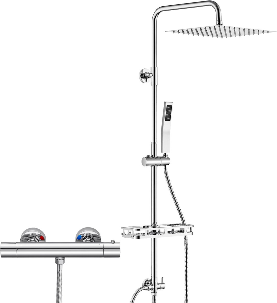 Auralum Max Regendouche met Thermostaatkraan en Plankje - Doucheset - Regendoucheset - 10 inch Douchekop - Verstelbaar Hoogte 72-110 cm - Waterbesparend - Chroom