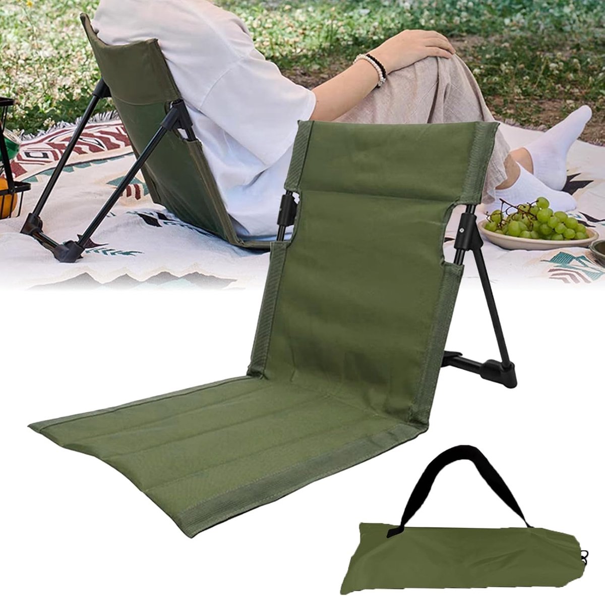 Thijox - Strandmat met Rugleuning, Inklapbare Strandstoel van 600D Oxford-weefsel, Lichte Vloerstoel voor Camping, Strand, Achtertuin en Picknick in G